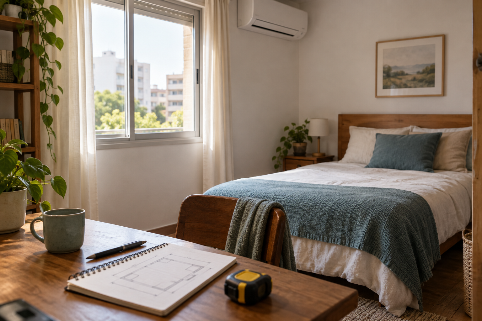 Habitación con aire acondicionado de pared y libreta para medir el espacio antes de comprar