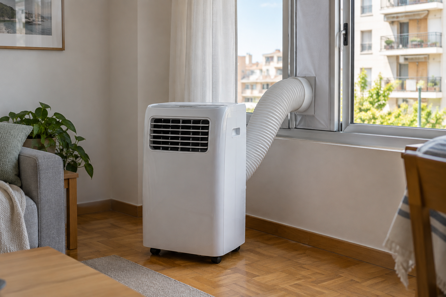 Aire acondicionado portátil con tubo de salida instalado junto a una ventana
