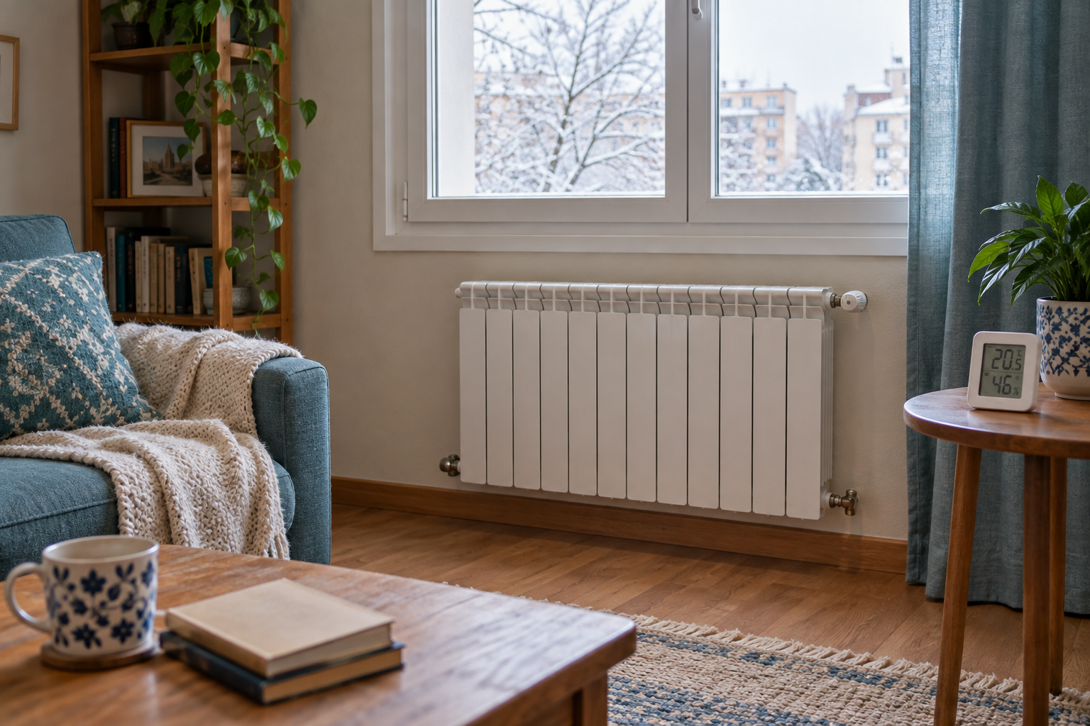 Radiador bajo una ventana y termómetro en una sala durante el invierno