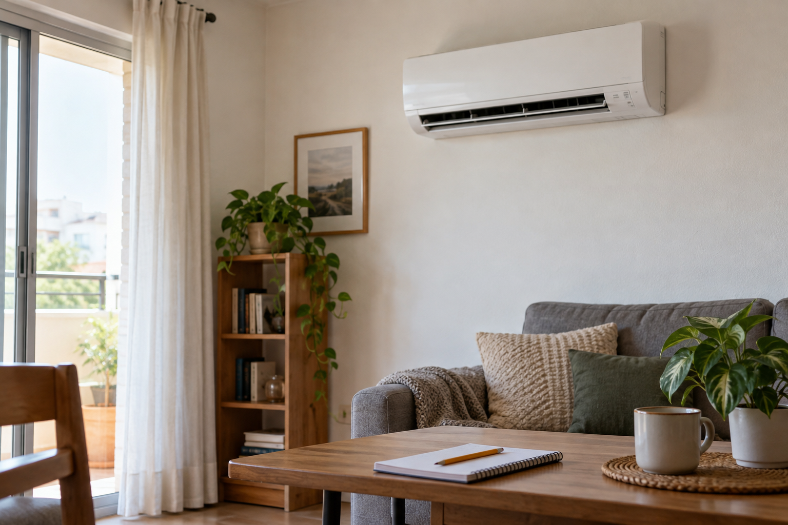 Aire acondicionado de pared en un salón con un cuaderno para calcular el consumo eléctrico