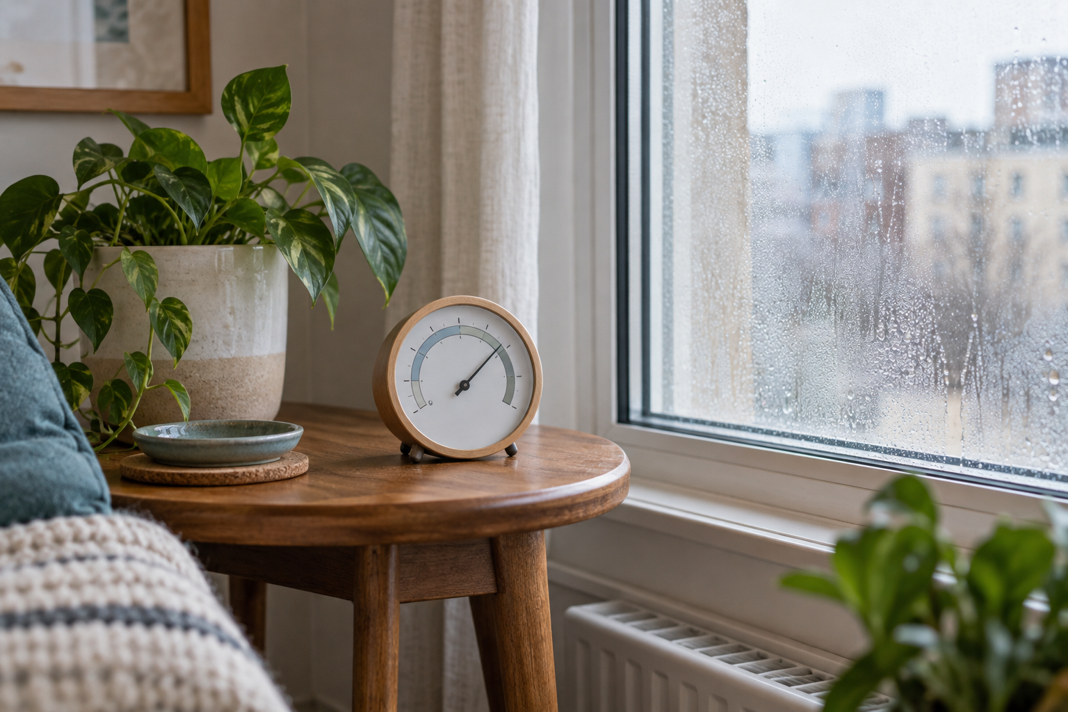 Higrómetro analógico sobre una mesa junto a una ventana con condensación