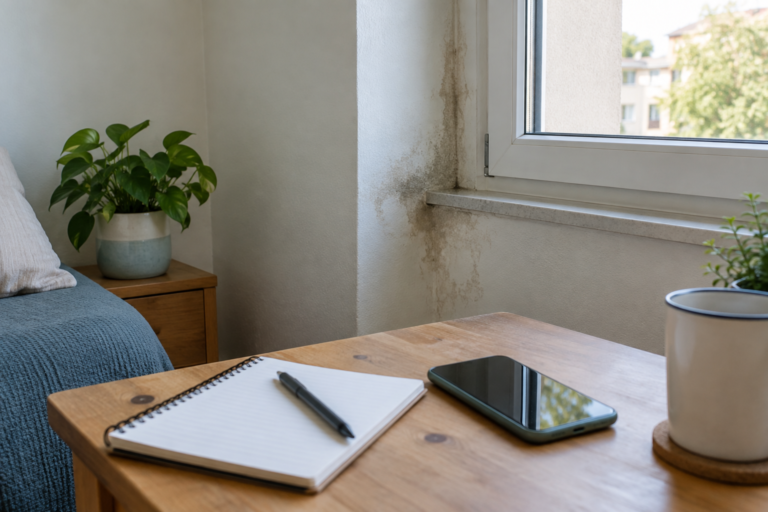 Pared con mancha de humedad en un piso de alquiler, junto a un cuaderno para documentar el problema.