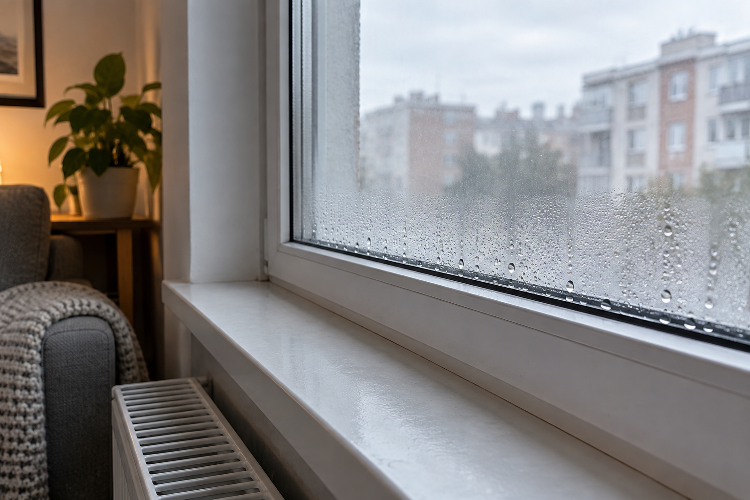 Gotas de condensación en la parte inferior de una ventana de una vivienda